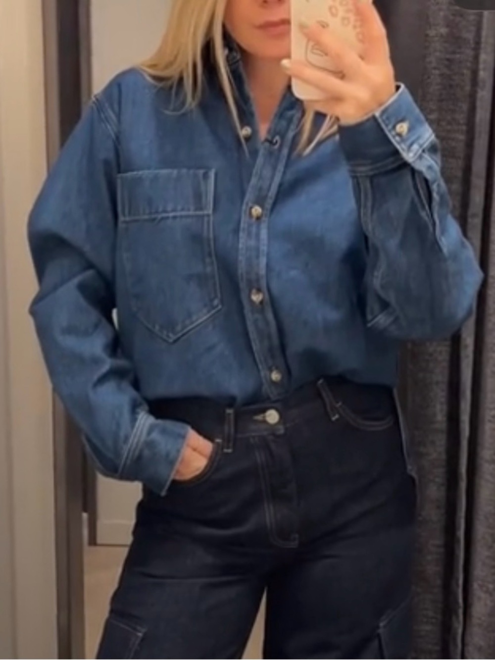 Massimo Dutti Denim Button-Down Shirt in Medium Blue